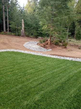 landscaped backyard with manicured lawn and rock outside