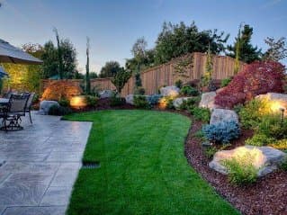 picture of a backyard with nicely shaped and maintained hedges and beautiful landscaping 